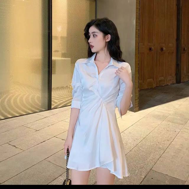 dress lengan panjang Kerah polo putih sifon preloved