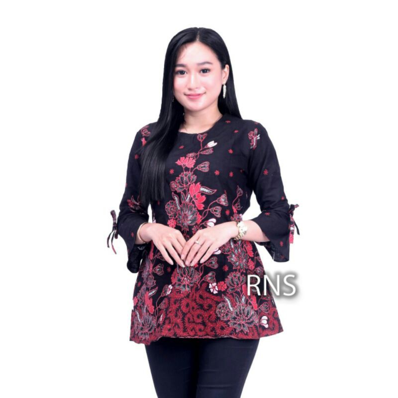COD - Bayar Ditempat - Blouse Batik Couple Atasan Batik Wanita Blus Batik Cendrawasih Blarak Kipas-BL Sakura Merah