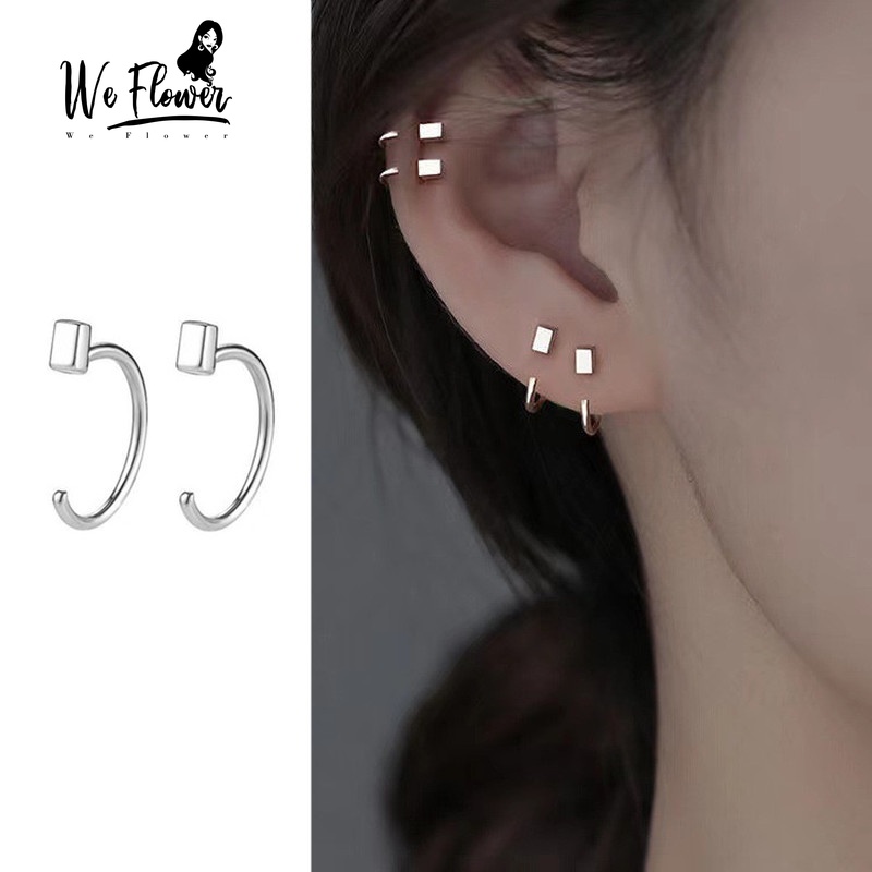 We Flower 1 Pasang Anting Hoop S925 Silver Model Terbuka Bentuk Kubus Kecil Untuk Wanita