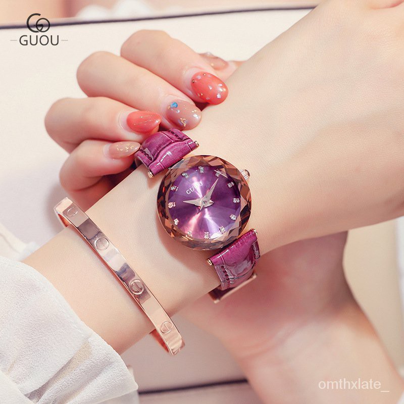 【Factory Outlet】【COD】GUOU Asli Anggun dan Mungil Rhinestone Quartz Jepang Watch Gerakan Fashion Kulit Asli Wrist Watc