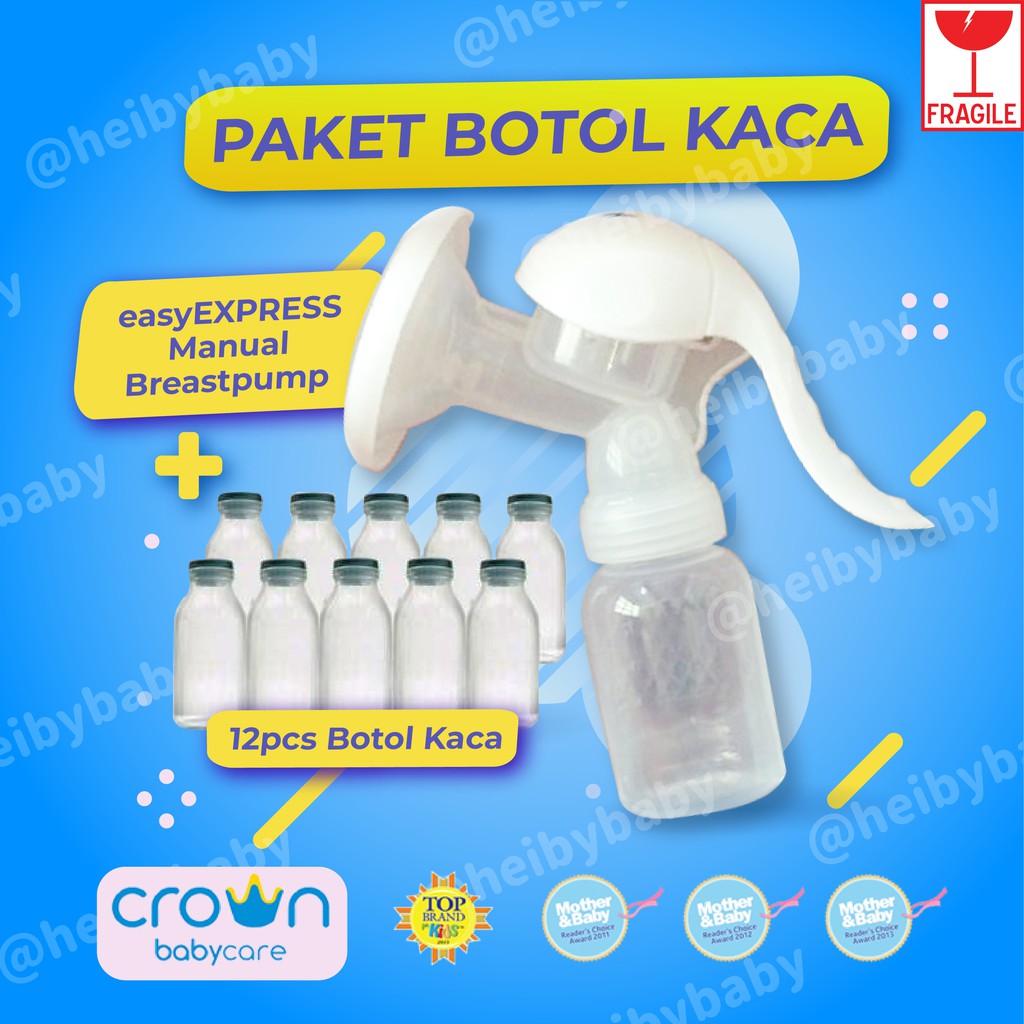 [PAKET] Crown Manual Breast Pump + Storage / Botol ASI Kaca 12 pcs