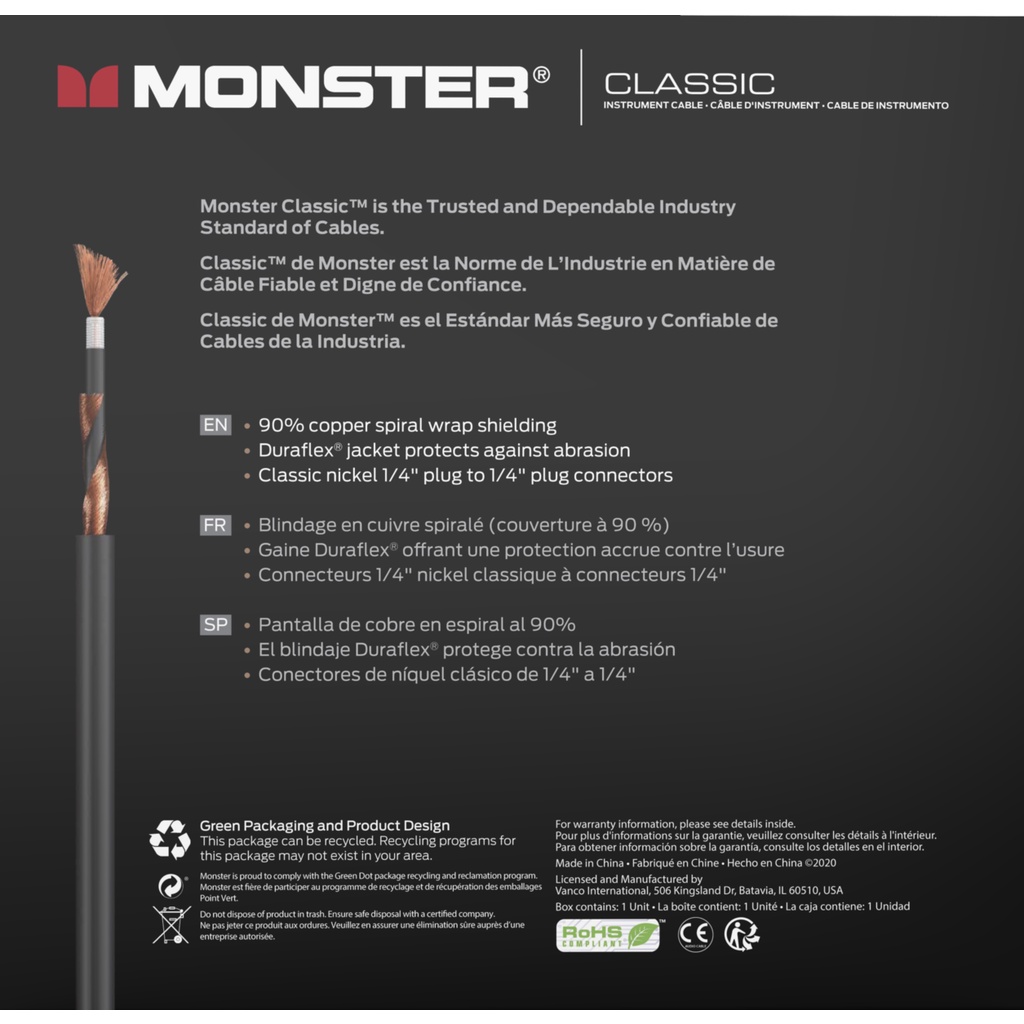 Monster® Prolink Monster Classic™ Instrument Cable 21 ft Coiled