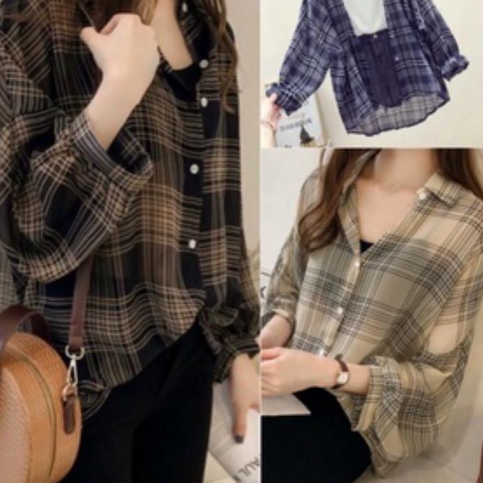 «BIG SALE» BAJU ATASAN KEMEJA WANITA JUMBO OVERSIZE LD 100cm XL KOTAK KOTAK KATUN KOREAN STYLE FASHI