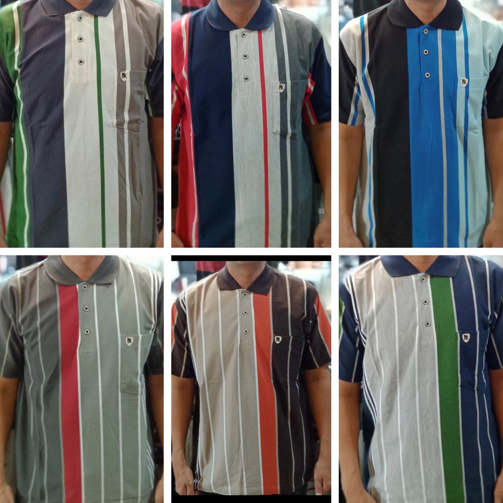 KAOS TSHIRT POLO KANCING KANTONG MOTIF SALUR KEBAWAH / Bahan Katun Cun Nam Balok
