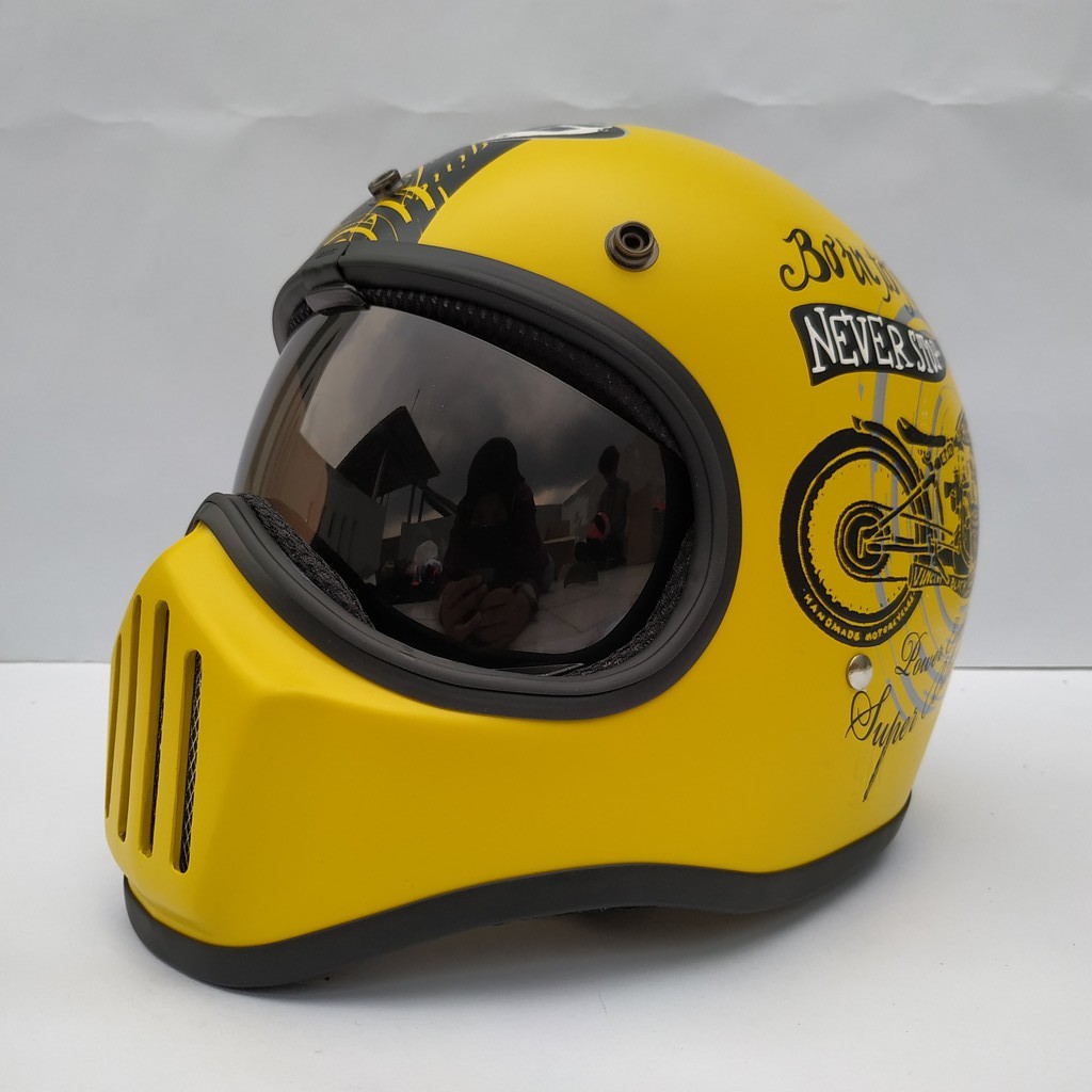 Helm Cakil HBC Born To Ride Yellow + Inner Visor ( Fullface / Retro / Klasik / Vespa )