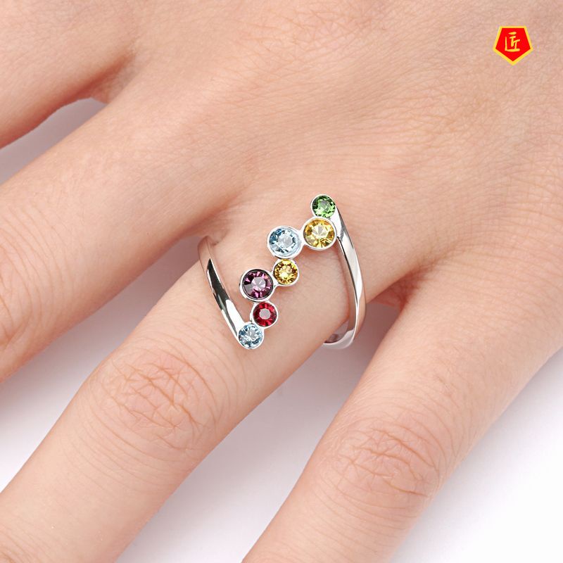 [Ready Stock]S925 Silver Inlaid Colorful round Gemstone Ring