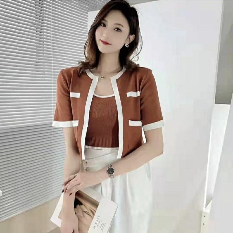 MDLV ~ 20212 Pdk Santaniah knitted 1 Set 2pcs Tantop Cardigan Rajut Korea Look Premium Fashion Import