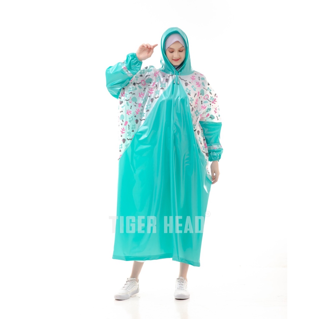 Jas Hujan Wanita Poncho Terusan Gamis Muslimah Hijabers Tiger Head