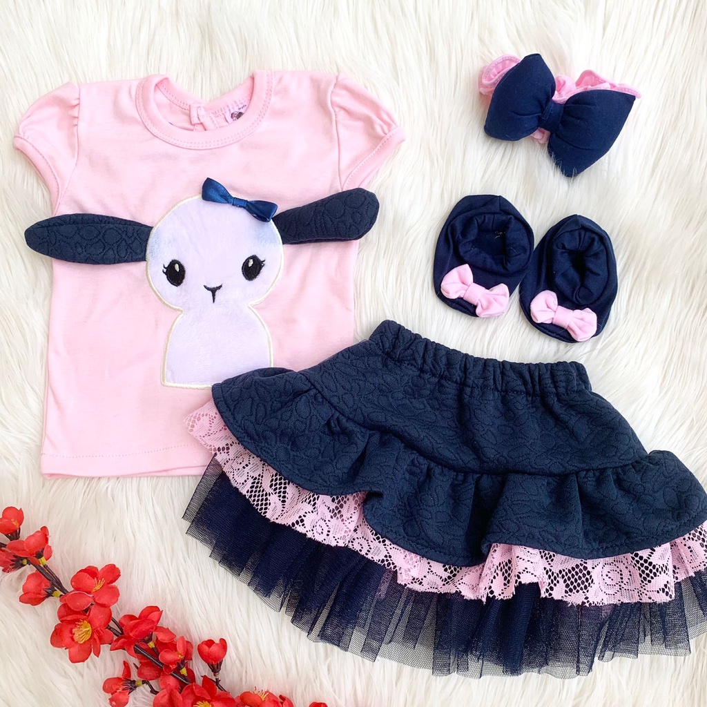 Baju setelan kaos rok tutu bandana sepatu fashion anak bayi cewek perempuan baby girl murah -she