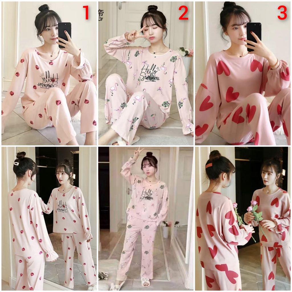 Baju tidur piyama lengan panjang celana panjang bahan spandek import