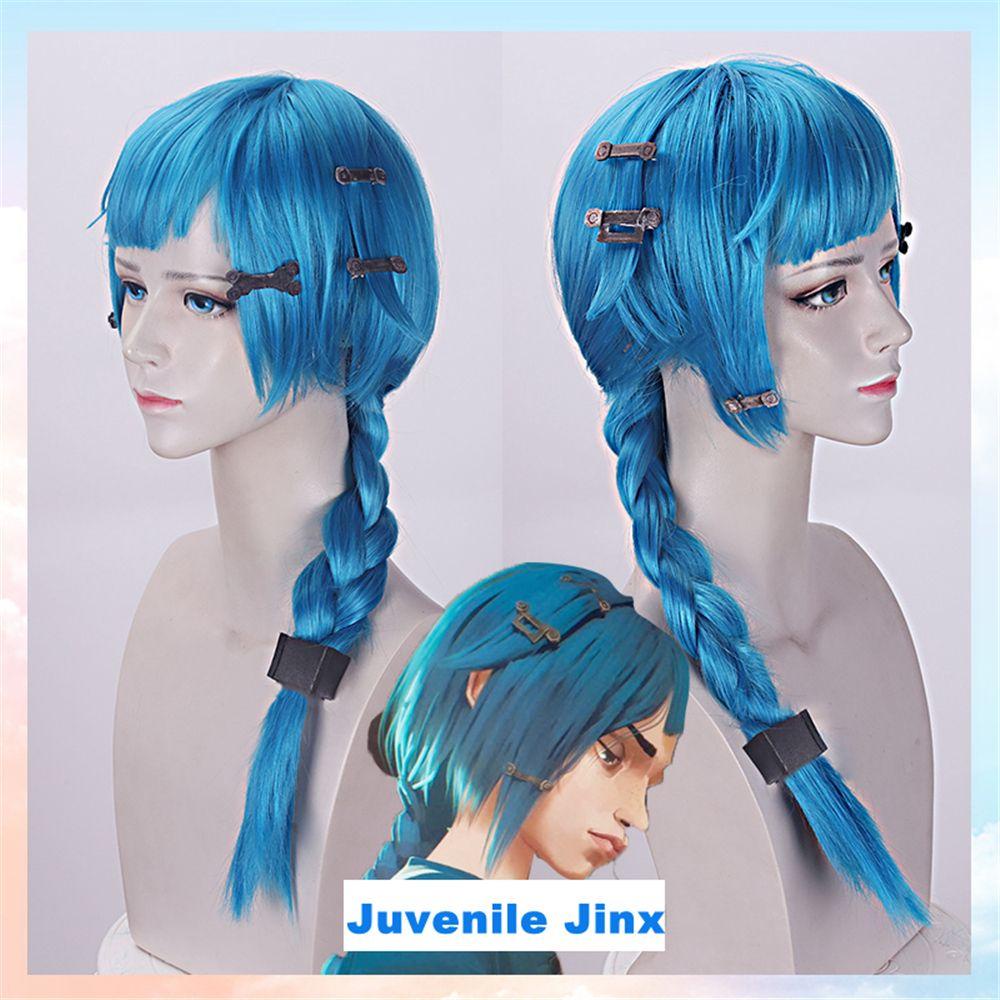 Anime Young Jinx Powder Wig LOL Arcane Headwear for Women Cosplay Synthetic Blue Hair