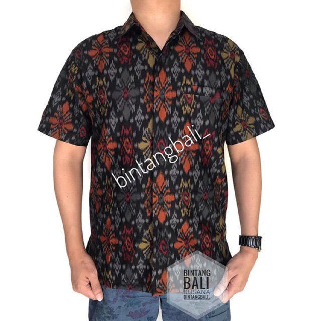 Kemeja endek pria katun lasem hitam lengan pendek