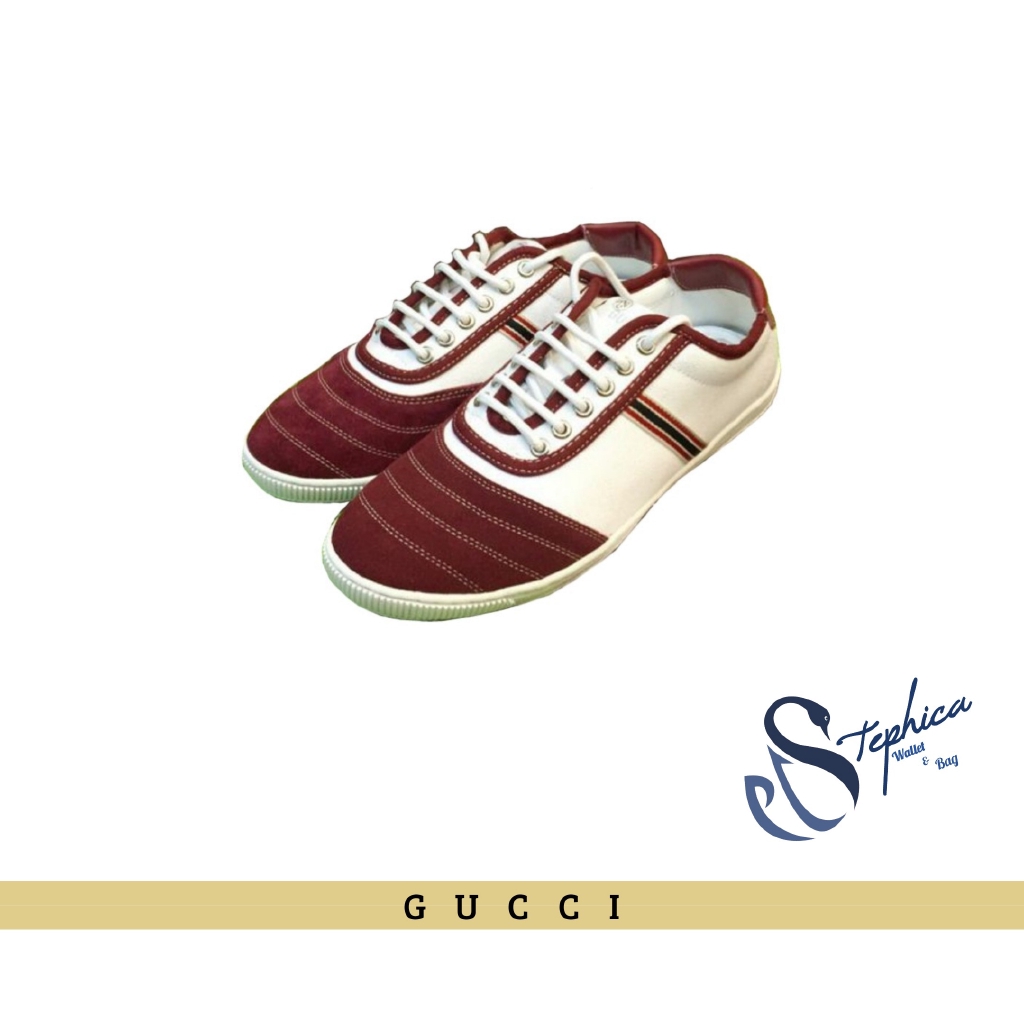 Sepatu Gucci Pria Sneakers Maroon Putih Hitam Kulit Suede Murah