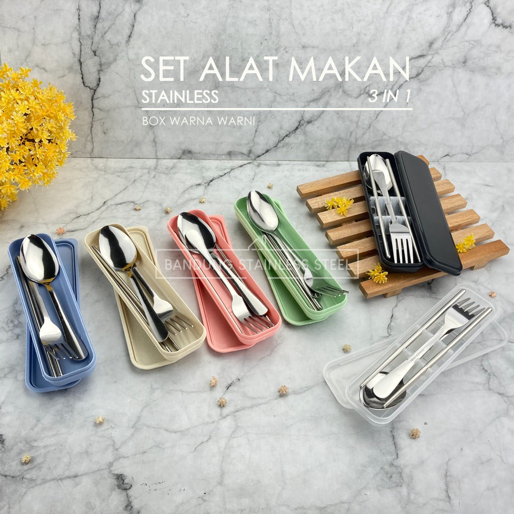 Sendok Garpu Sumpit Set Alat Peralatan Makan Stainless Steel box warna warni 3 in 1