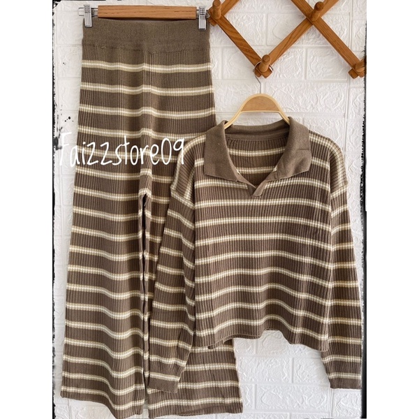 ONESET SETELAN SWEATER RAJUT BAYONETA STRIP KULOT KNITS WANITA