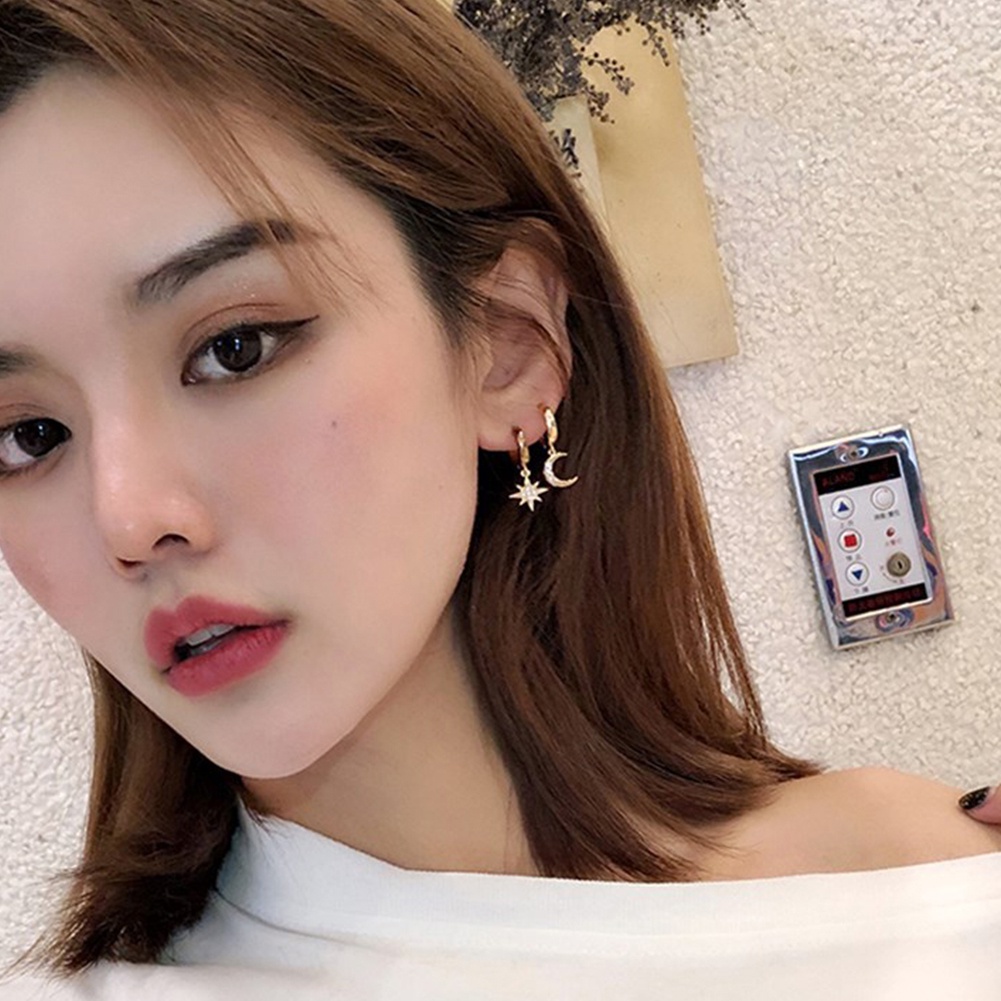 Hu Hu Hu Hu Hu Alat Bantu Pasang Kacamata♡ Anting Tusuk Gantung Wanita Asimetris Desain Bulan Bintang Hias Cubic Zirconia Untuk Hadiah