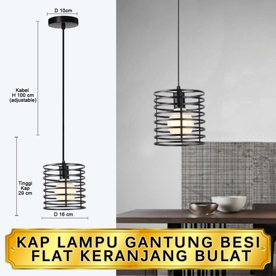 Kap Lampu Gantung Besi Flat Keranjang Bulat Cafe Vintage Edison