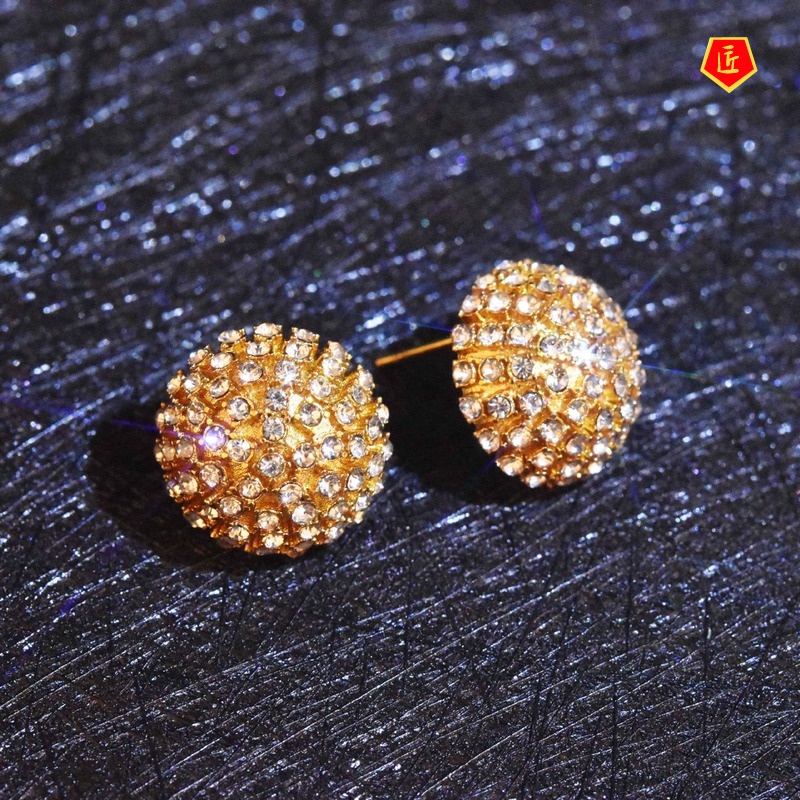 [Ready Stock]French Style 18K Gold Full Diamond Round Fireworks Stud Earrings