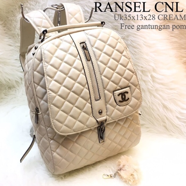 Tas Ransel Cha*_*el Resleting Tengah Tas Batam Backpack FREE POMPOM