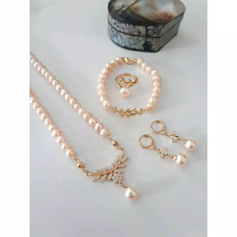 set perhiasan mutiara asli lombok set rhodium mutiara tawar