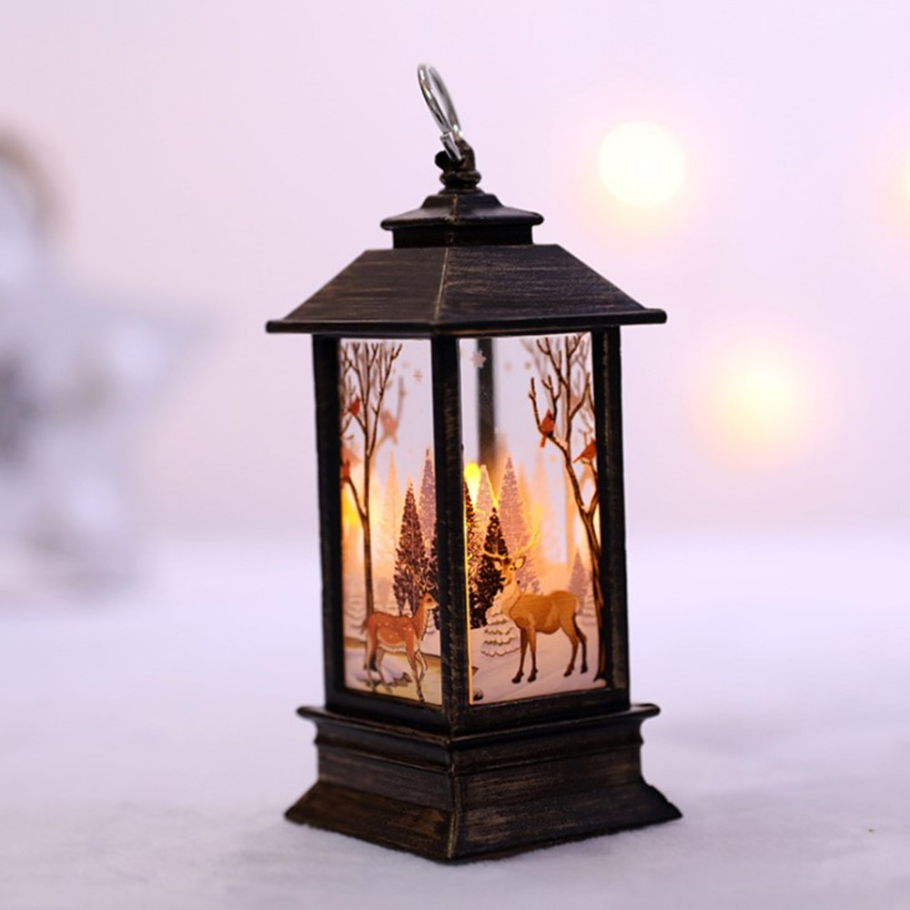 New Year Christmas LED Light Lamp Candle Cage/Portable Xmas Oil Lamp Party Decoration/Santa Claus Elk Print Candlestick