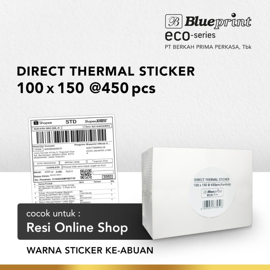 Direct Thermal Sticker Label Resi BLUEPRINT ECO 100x150 mm 450Pcs CF