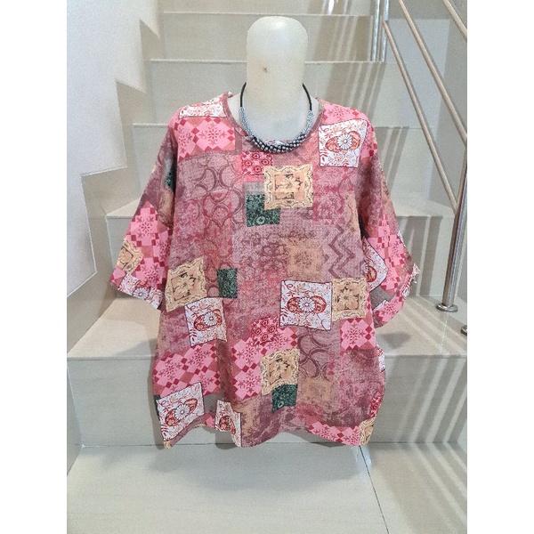 Blouse Brukat dan Kaos Bunga Import Jumbo XL-5XL-Pink Kotak 5XL
