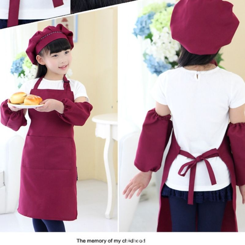 Celemek Baju Kostum Apron Anak Perempuan dan Laki Topi Chef Koki Cilik