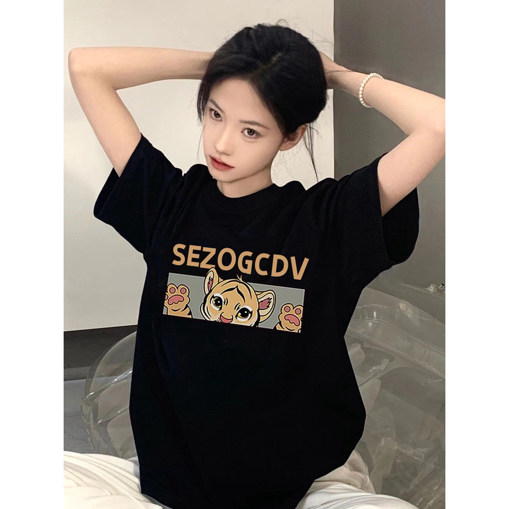 XIAOZHAINV Kaos Atasan Wanita Cartoon Tiger Hitam Pattern Lengan Pendek A0213