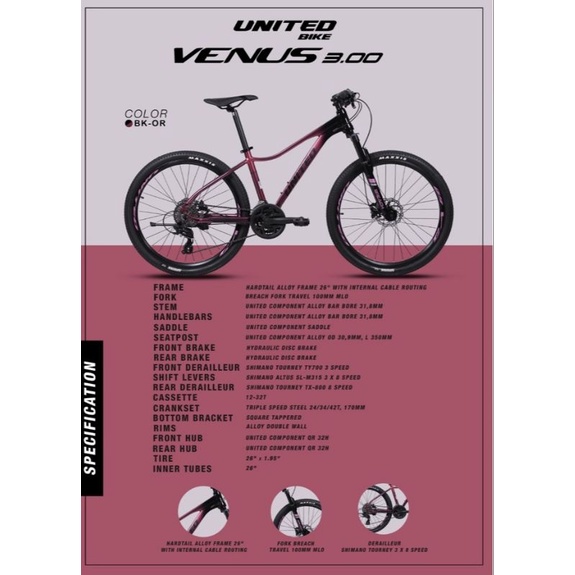 PROMO GRATIS ONGKIR Sepeda Gunung MTB UNITED VENUS 3.00 Alloy - 26 Inch