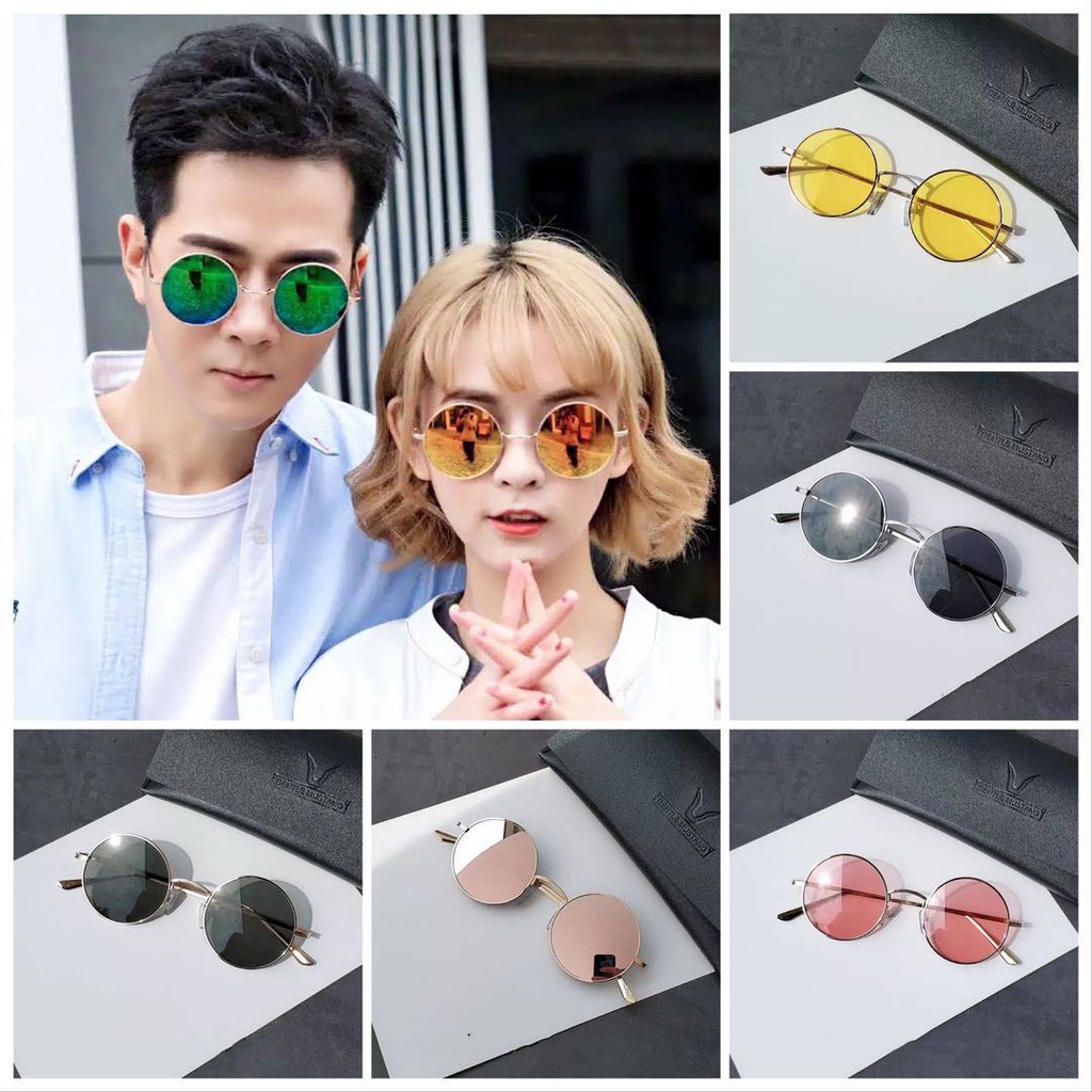 Kacamata Hitam Vintage dengan Frame Lensa Logam Unisex/Kacamata Bulat Gaya Korea Pria dan Wanita