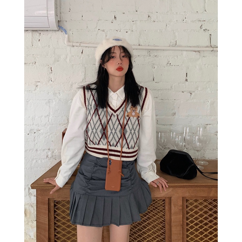 rompi rajut wanita Korea style baju rajut V neck crop top sweter kotak-kotak