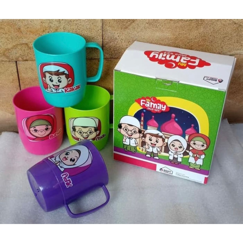 GELAS KARAKTER FAMILY SET 4 PCS / BIGGY GELAS SET MUG FAMILY 4 IN 1 VD