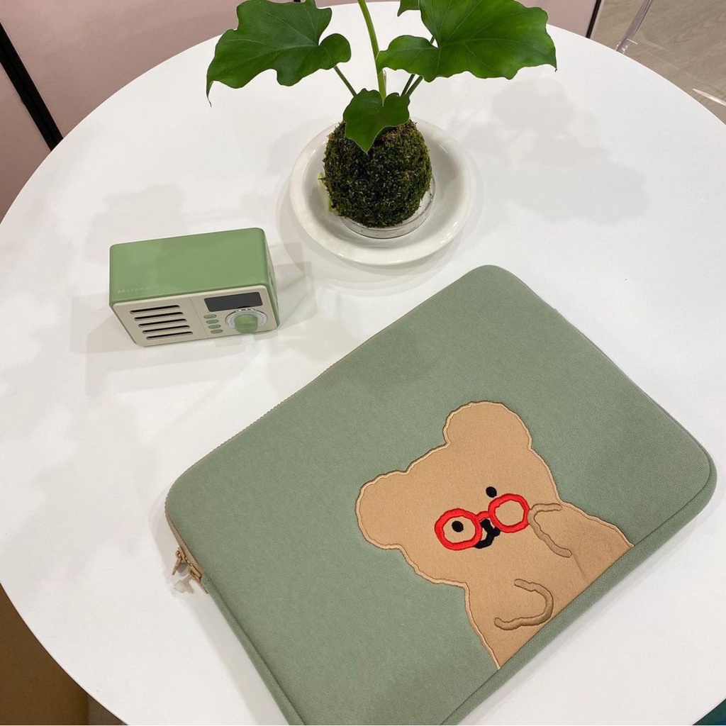 Sleeve Pouch Sarung Tas Bag Case Ipad Tab Tablet Macbook Air Pro Laptop Asus Acer Lenovo HP Huawei 11 12 13 14 15 inch Motif Gambar Beruang Bear Warna Hijau Lucu Cute Murah Korean Model