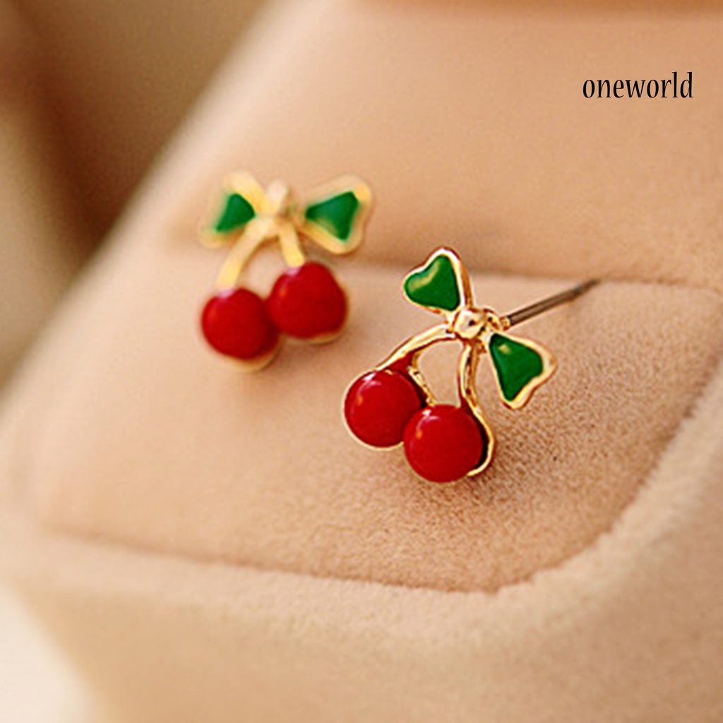 OW# 2Pcs Stud Ear Ring Colorful Decorative Golden Color Cherry Stud Earring for Dressing Room