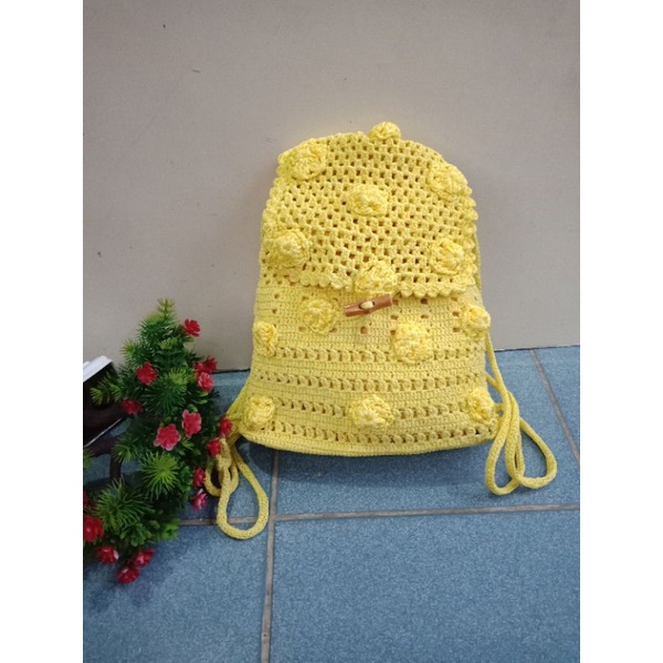 TAS RANSEL RAJUT BUNGA KUNING,  TAS RAJUT CANTIK,  RANSEL RAJUT