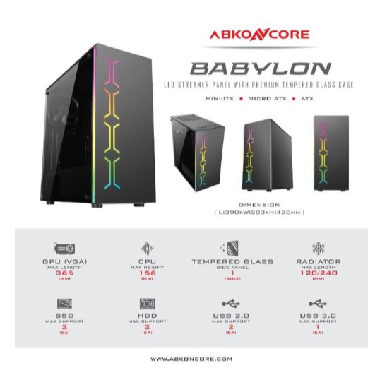 ABKONCORE BABYLON TEMPERED GLASS GAMING CASE with Fan 1x120MM Rainbow