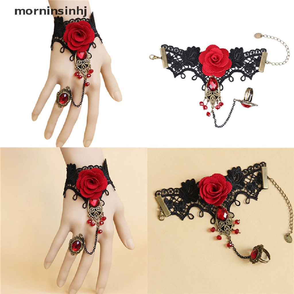 Mornin Gelang Lace Bunga Mawar Merah Gothic Elegan Adjustable Untuk Wanita