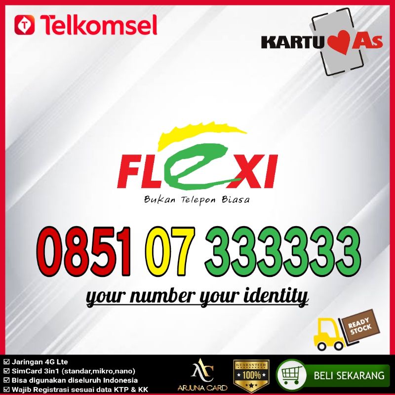 Nomor cantik As 0851 333333 telkomsel flexy heksa 4G combo sakti