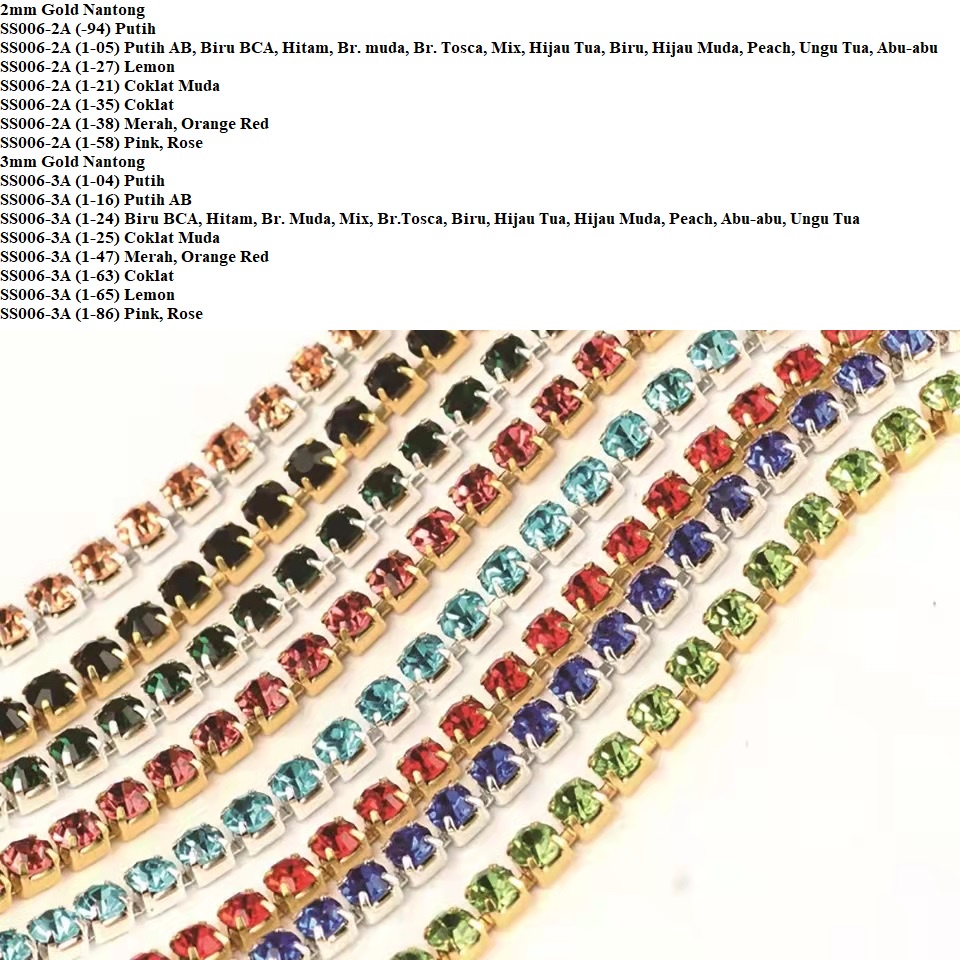 Diamond String Gold / Rantai Cakar Manik-Manik Mutiara Berlian Imitasi Gold Rapat Uk 2 &amp; 3mm Harga/1meter