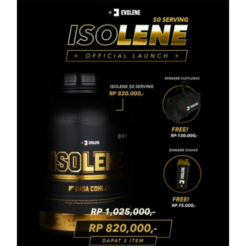 

ISOLENE evolene 50serving,COKLAT.susu diet nutrisi otot.Free: tas olahraga & shaker. BPOM,MUI,HALAL.