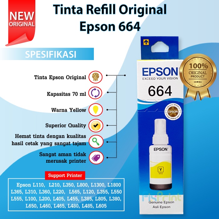 Tinta Original Epson 664 T664 Refill Printer L110 L120 L130 L210 L220 L300 L310 L350 L355 L360 L365