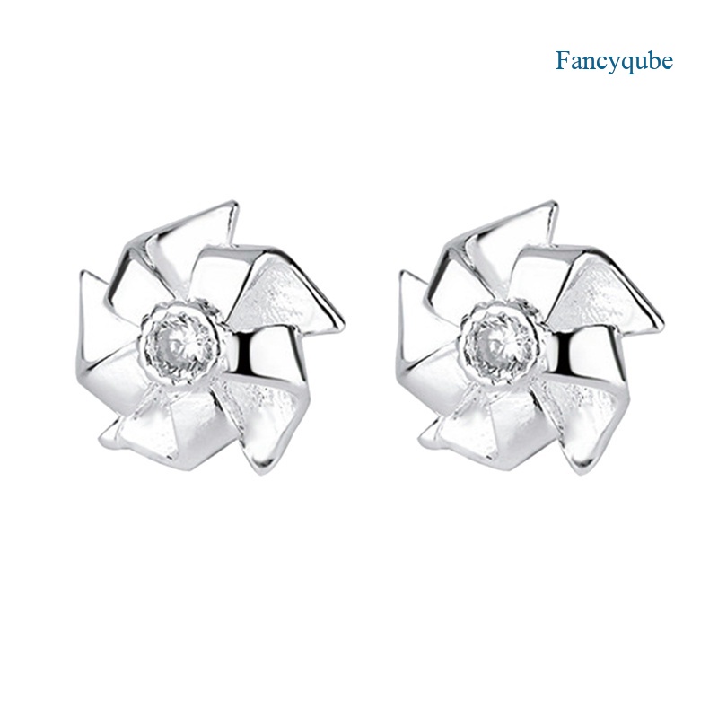 Fancyqube Anting Stud Desain Kincir Angin Keberuntungan Aksen Berlian Imitasi Warna Silver Untuk Wanita