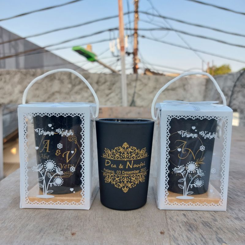 Souvenir gelas jamu hitam doff,hitam glossy,putih glossy free kemasan tile, box, mika