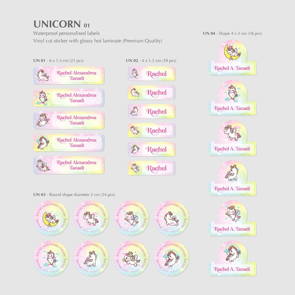 

UNICORN 01 / LABEL & STIKER NAMA / STICKER VINYL WATERPROOF (TAHAN AIR & ANTI SOBEK), CUTTING, LAMINASI GLOSSY / LABEL NAMA ANAK
