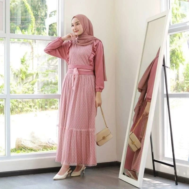 Gamis remaja perempuan terbaru kekinian gamis muslim HANA DRESS MIX TILE DOT  SIZE M L XL XXL cocok buat pengajian atau kondangan pesta dan acara lainya ready stok size  M l xl xxl andin dress ria ricis