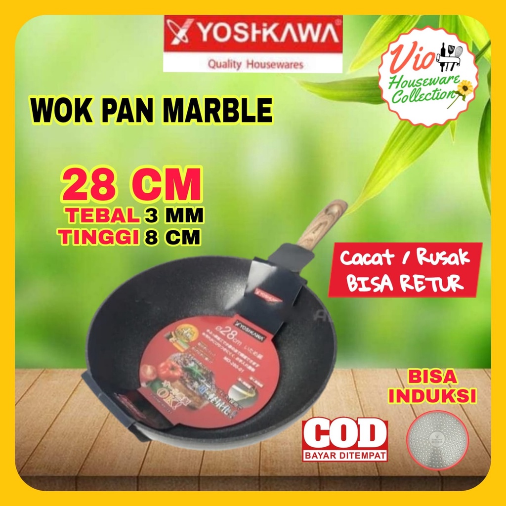 Yoshikawa Teflon Keramik Anti Lengket 28 Cm Wok Pan Marble | Teplon Panggang | Wajan Penggorengan