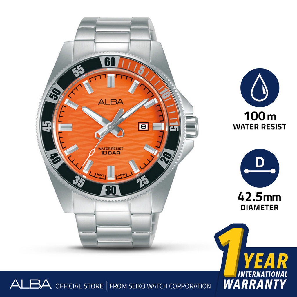 Alba Active Jam Tangan Pria AG8L93 / AG8L93X1 Quartz Orange Pattern Dial Stainless Steel Strap Watch