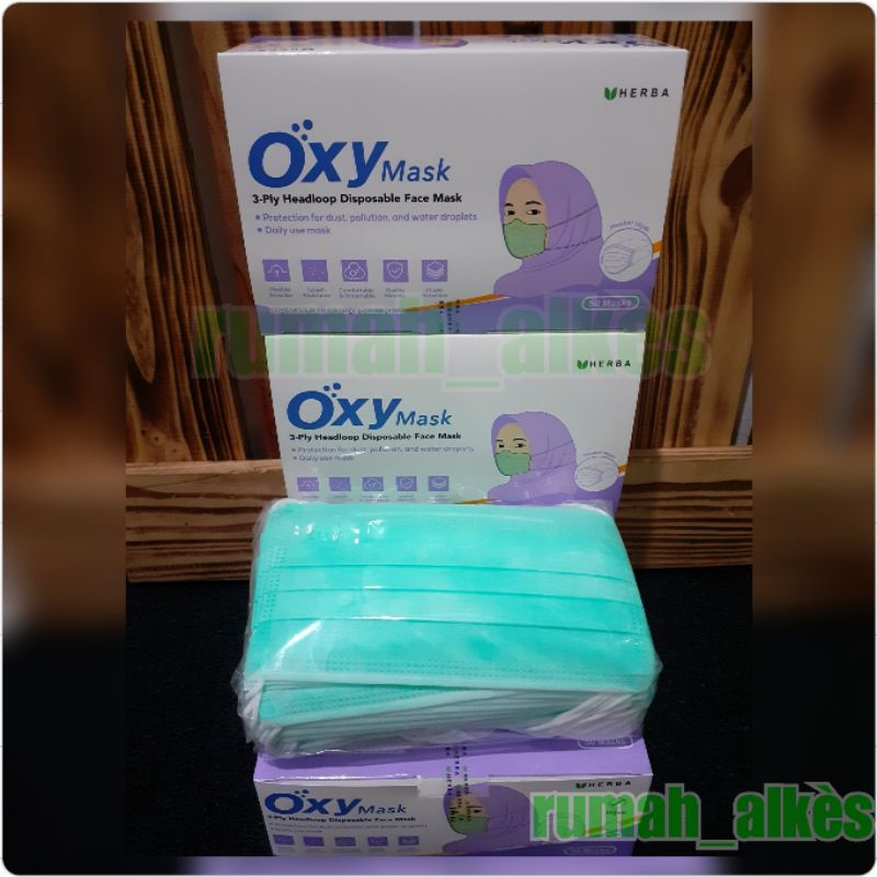 MASKER OXY MASK HEADLOOP 50 PCS / MASKER HIJAB OXY MASK / MASKER HEADLOOP 3-PLY OXY MASK