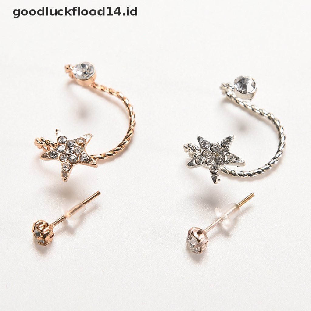 [OOID] Women Fashion Sparkling Crystal Pentagram Ear Clip Trendy Ear Cuffs Stud Earings ID